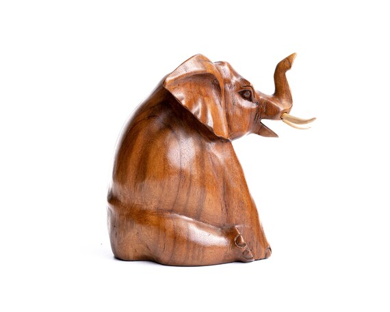 木製の座った象 6インチ / 15 cm、木製像、木彫り、置物、室内装飾