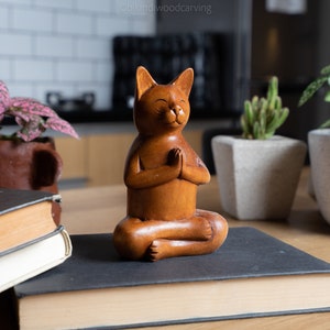 Yoga Cat statue, Cat Figurine Yoga Cat Sculptures Wood Carving Decor Meditation Buddha Cat Statue Gift For Her Home Gifts Cat Yoga Statues