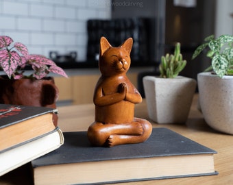 Statue de chat yoga, figurine de chat Sculptures de chat de yoga sculpture sur bois Decor Statue de chat bouddha méditation pour elle Cadeaux pour la maison Statues de yoga chat