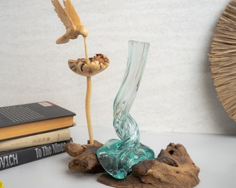 Jarrón de vidrio fundido con forma de colibrí de 22 cm, diseño de madera flotante balinesa, decoración del hogar y de la habitación.