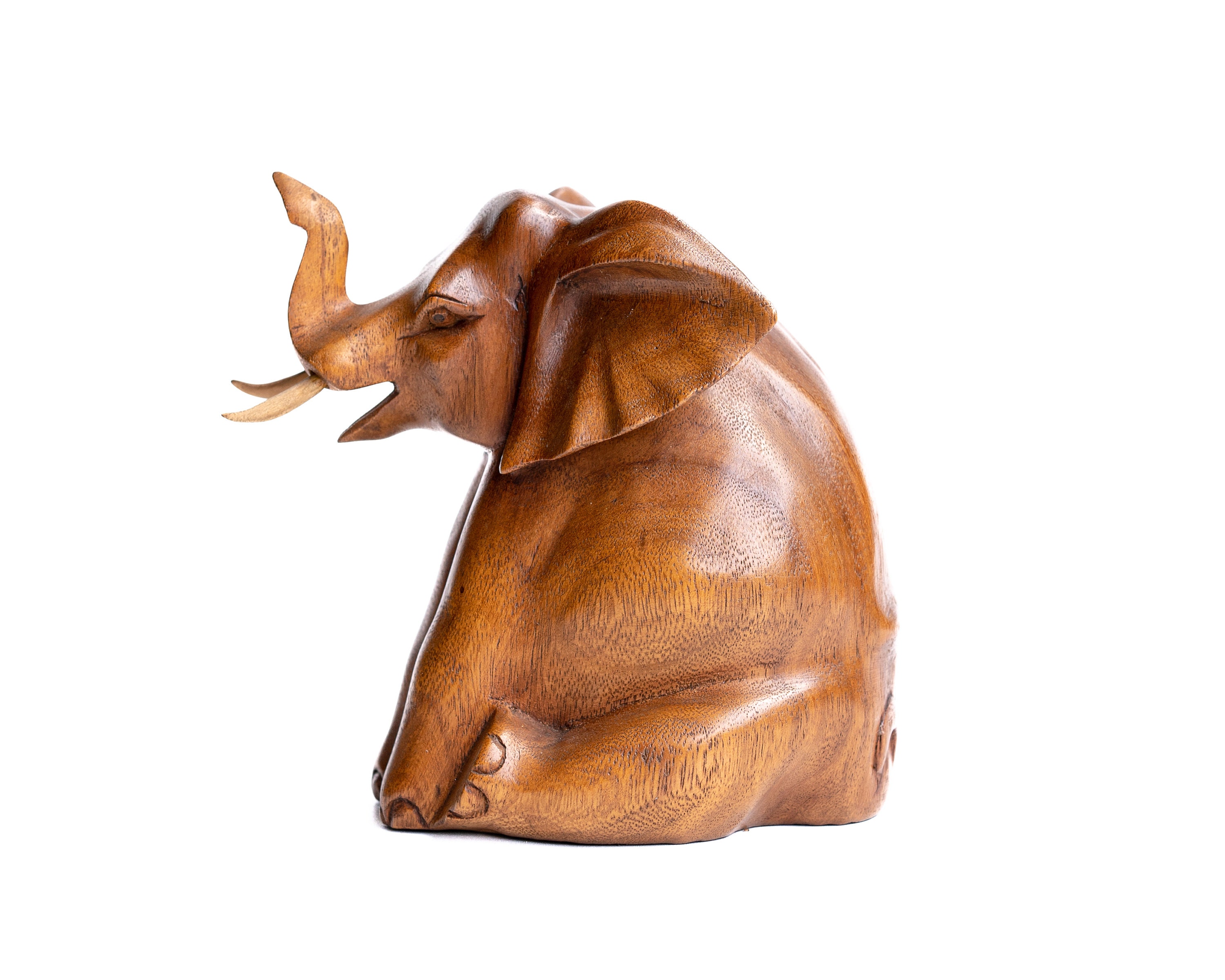 木製の座った象 6インチ / 15 cm、木製像、木彫り、置物、室内装飾