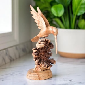 Wooden Hummingbird 7 Inch / 17 cm , Hand Carved Statue, Wood Carving, Unique Figurine, Rustic, Home Decor, Handmade, Hummingbird Feeding