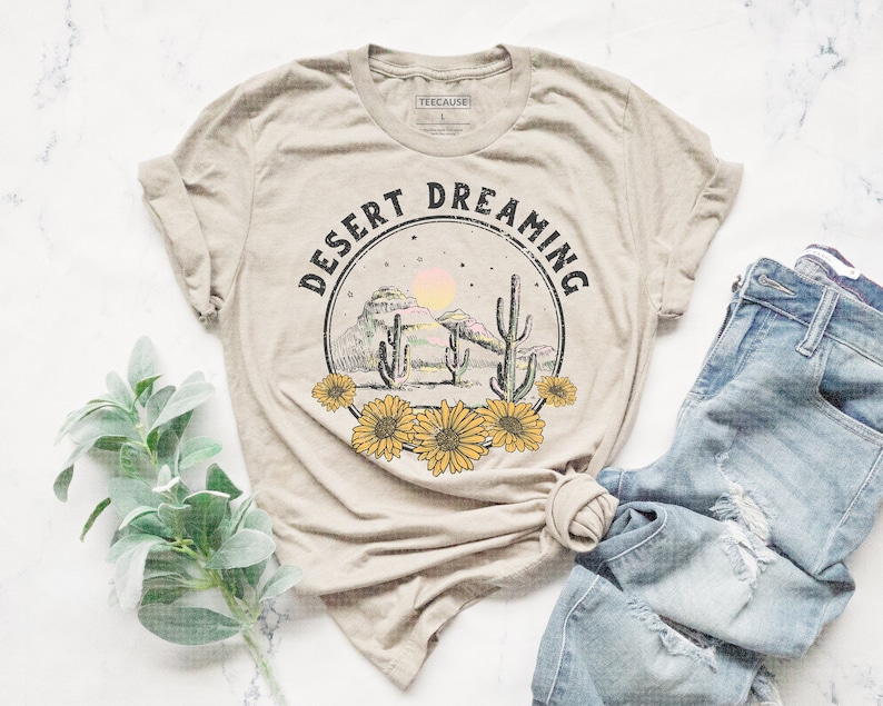 Desert Dreaming  Southwestern Themed T Shirt Hiking Tees Heather Dust