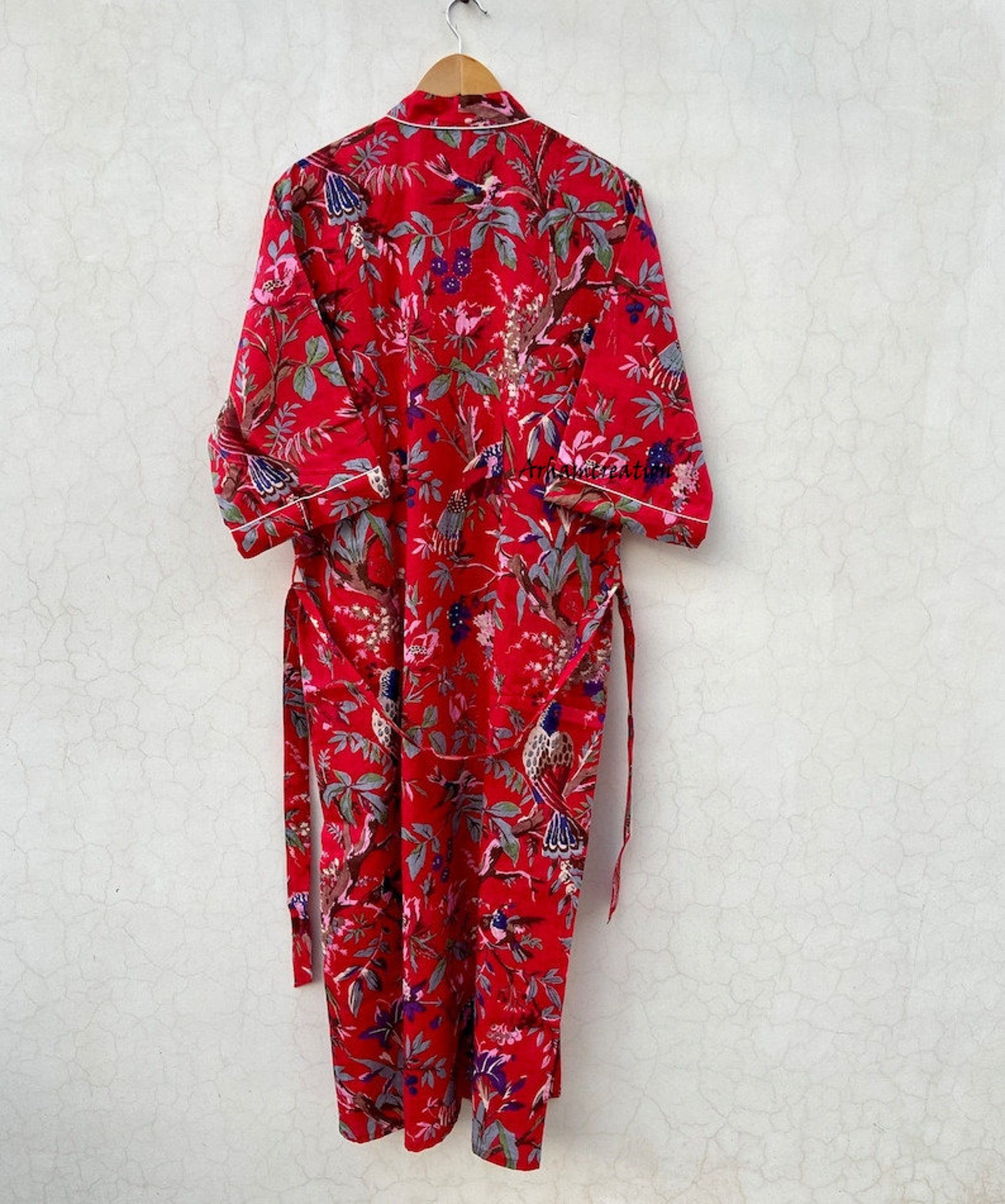 Pink Color Floral Print Robe Full Length Kimono Cotton Robe Etsy