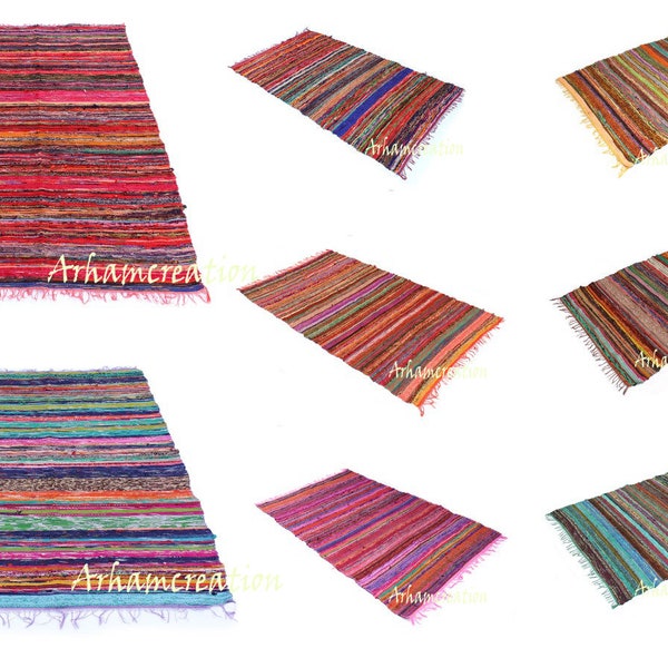 Tapis de sol indien, tapis chindi, carpette en chiffon, tapis en coton coloré