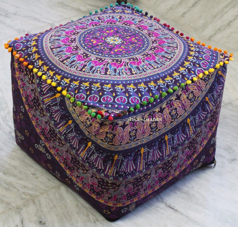 22X22 Inch Square Indian Handmade Multi Camel Mandala Cotton Pouf Cover Multi Mandala Ottoman Covers Room Decorative Footstool Covers Throw