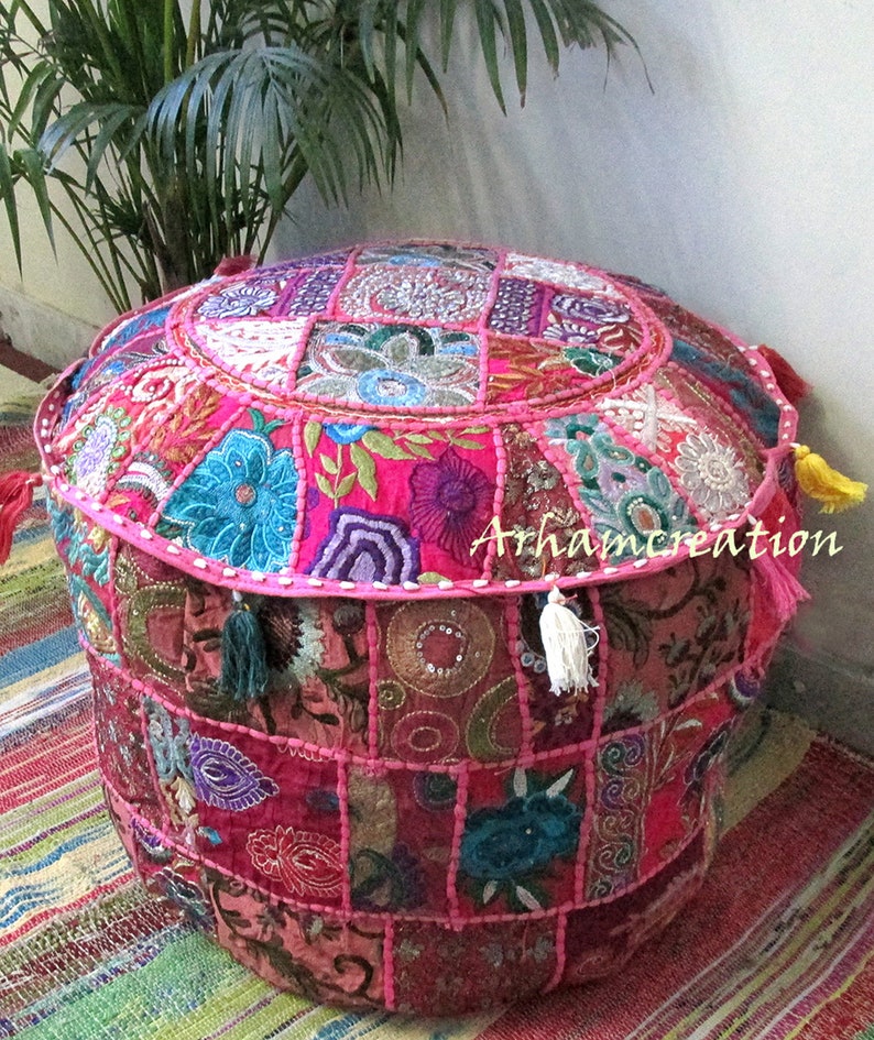 Patchwork Pouf 22x14 Round Ottoman Cover Floor Etsy