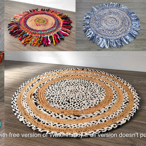 Alfombra de trapo redonda, alfombra circular de yute de algodón hecha a mano, alfombras de piso modernas, alfombra chindi de yute trenzada india- alfombra de área, alfombras decorativas para el hogar