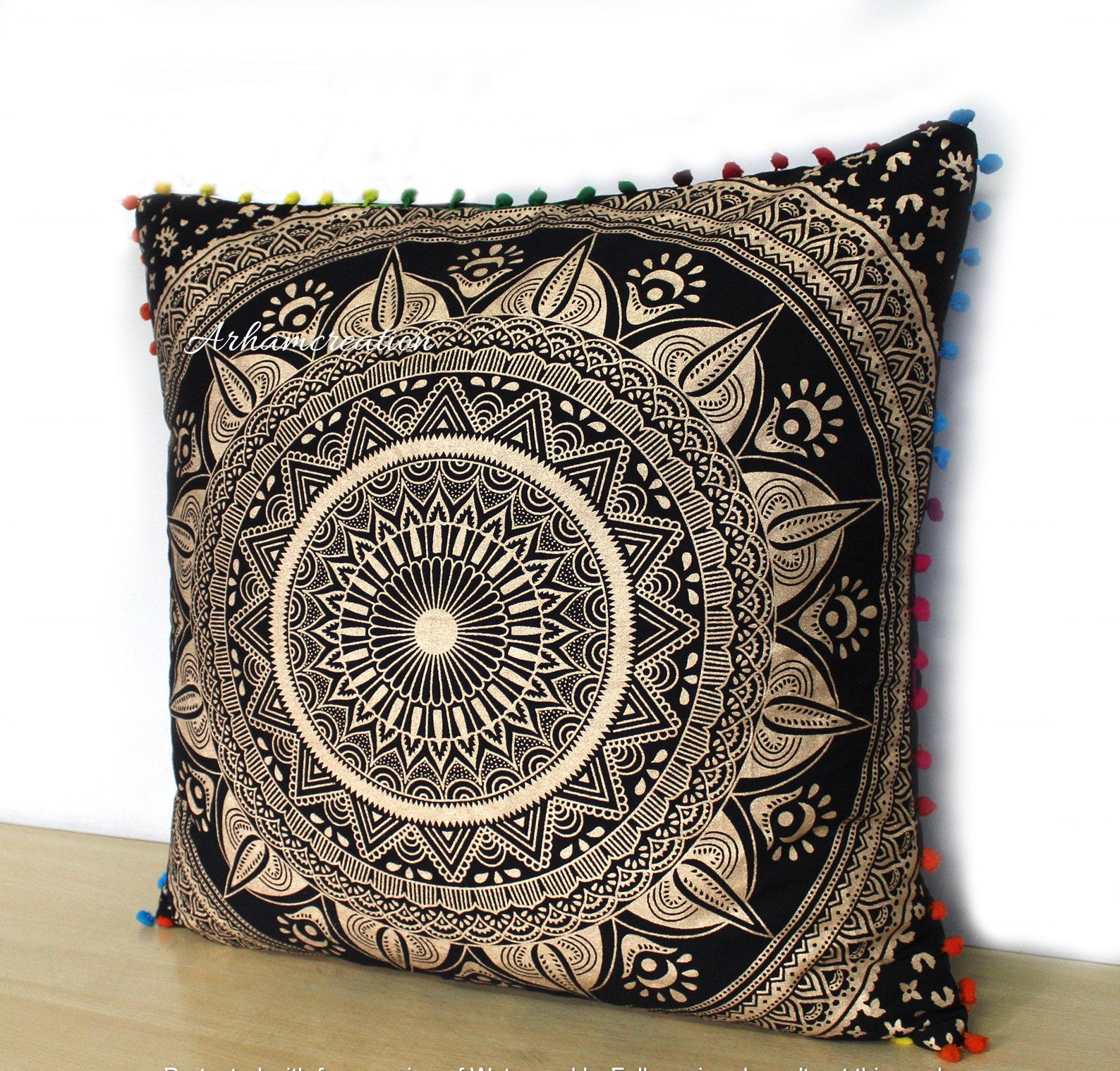 Large 24 Square Cushion Cover/ Black Gold Mandala Pillow - Etsy UK