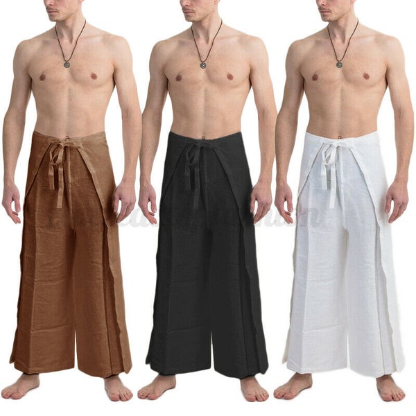 Pantalon en coton/pantalon palazzo hippie pour hommes, cravate cache-cœur à porter décontracté, pantalon cache-cœur en coton, sarouel unisexe, pantalon fendu, pantalon festival/plage