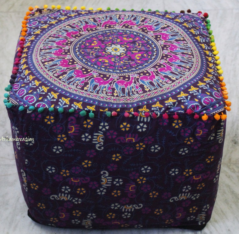 22X22 Inch Square Indian Handmade Multi Camel Mandala Cotton Pouf Cover Multi Mandala Ottoman Covers Room Decorative Footstool Covers Throw