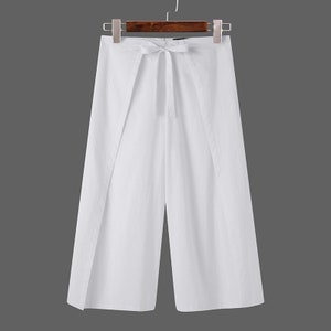 Pantalon en coton/pantalon palazzo hippie pour hommes, cravate cache-cœur à porter décontracté, pantalon cache-cœur en coton, sarouel unisexe, pantalon fendu, pantalon festival/plage White