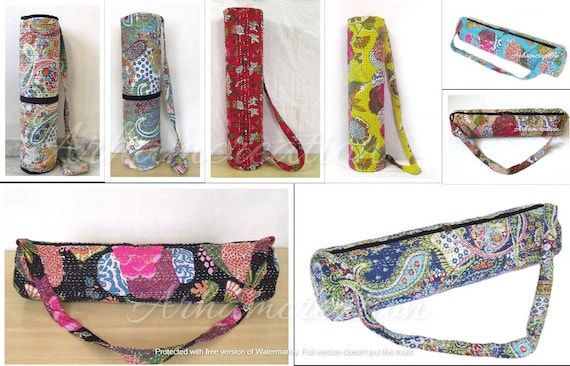 Handmade Yoga Bags, Beige Floral Kantha Stitch Yoga Mat Bag NEW Yoga Mat  Carrier
