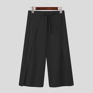 Pantalon en coton/pantalon palazzo hippie pour hommes, cravate cache-cœur à porter décontracté, pantalon cache-cœur en coton, sarouel unisexe, pantalon fendu, pantalon festival/plage Black