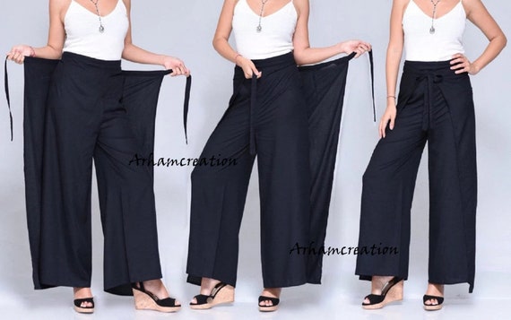 Women's Cotton Wrap Palazzo Pants in Solid Black – Harem Pants