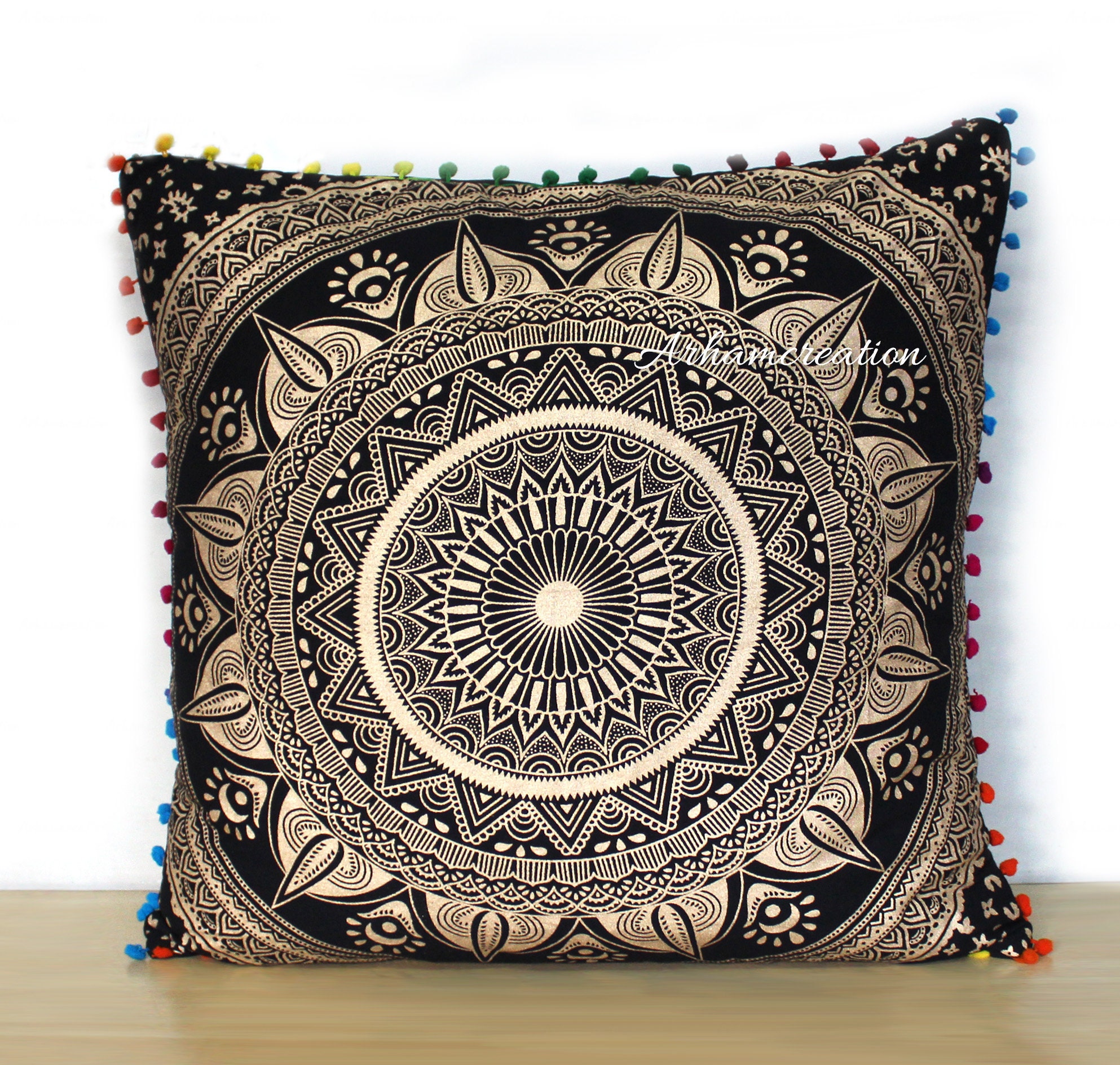 Large 24 Square Cushion Cover/ Black Gold Mandala Pillow Etsy UK