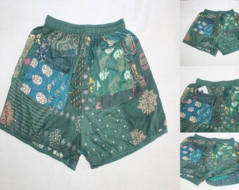 GREEN Unisex Men's & Women's Shorts, Beach Wear, Rayon, Patchwork Trouser Short ,Boho Shorts ,Night Wear Shorts ,Pajama Shorts