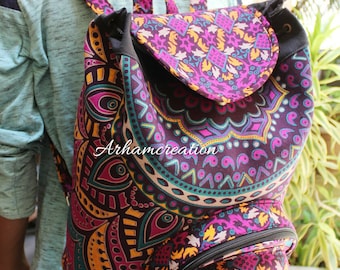 Indian Handmade Block Print Cotton Backpacks- Multi Floral Mandala Backpack / Unisex Bags- NEW BACKPACKS- Unisex Bohemian Bags