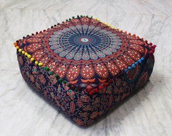 Housse de pouf Mandala 24 po. carré, housse de pouf en coton, housse de repose-pieds CUSTOM carrée 20 x 20 po., housses de pouf assises dentelle pompon teint à la main