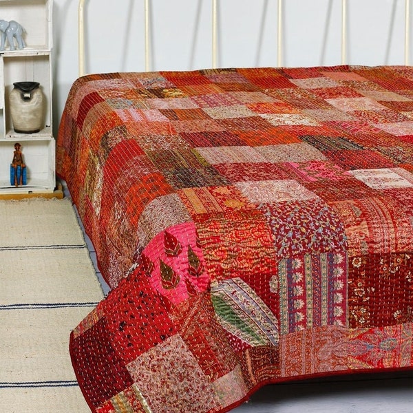 COUETTE PATCHWORK, couvertures indiennes vintage, couvre-lit en soie fait main couvre-lits bohèmes Queen Twin size couvre-lit courtepointes à vendre - rouge MULTI