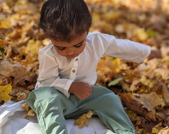 Pyjama kurta pour bébé, vêtements pour garçon, ensemble de pyjama vert kurta en coton blanc pour bébé garçon, enfants saoudiens