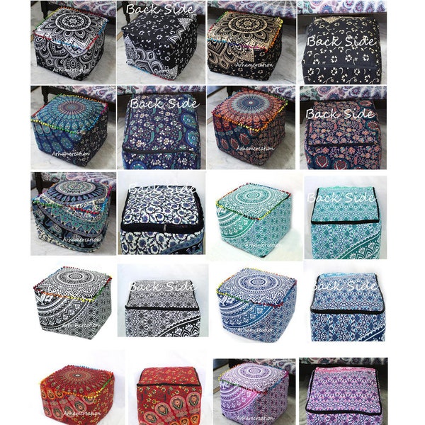 New 22X22X14" Square Multicolor Cotton Pouf Ottoman Cover- 20X20X14" Pouf Cover/ Footstool Chair Cover, Home Decorative Pouf Covers #ACPC409