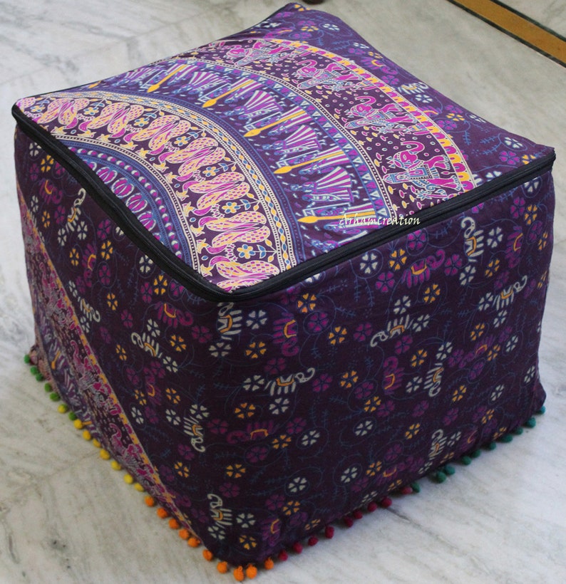 22X22 Inch Square Indian Handmade Multi Camel Mandala Cotton Pouf Cover Multi Mandala Ottoman Covers Room Decorative Footstool Covers Throw