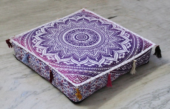 20X20X4 Inch Square Blue Gold Mandala Box Cushion Covers New Cotton Pillow Cover
