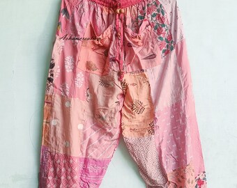 Boho Pant, Women’s Summer Pants Hippie Patchwork Harem Pants with Pockets, Indian Handmade Pink Dyed Cotton Pajama