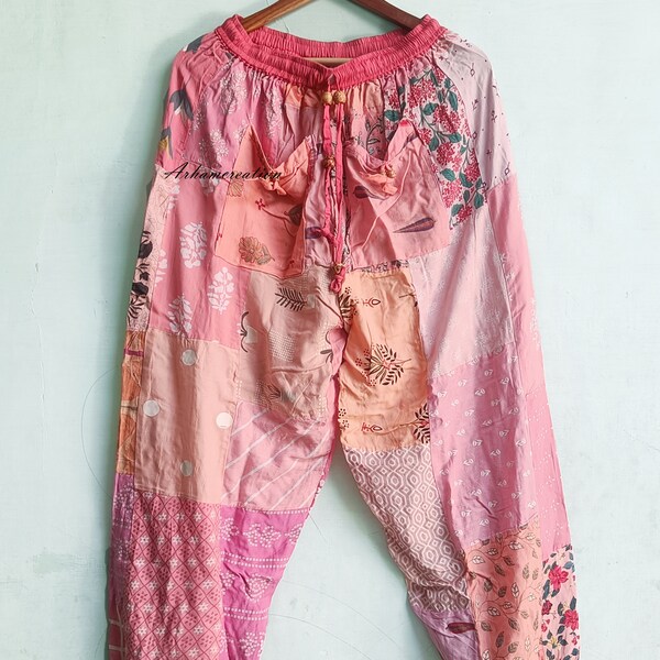 Boho Pant, Women’s Summer Pants Hippie Patchwork Harem Pants with Pockets, Indian Handmade Pink Dyed Cotton Pajama