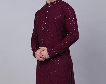 Men Embroidered Sequined Georgette Kurta, gift for him Maroon Eid Outfit Indian Sequence Kurta Pajama For Men