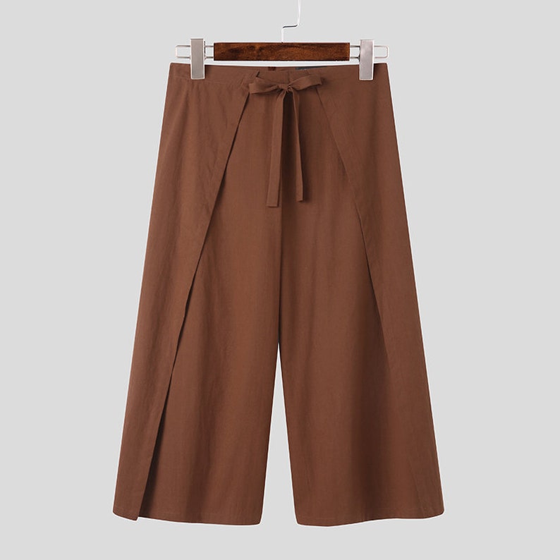 Pantalon en coton/pantalon palazzo hippie pour hommes, cravate cache-cœur à porter décontracté, pantalon cache-cœur en coton, sarouel unisexe, pantalon fendu, pantalon festival/plage Brown