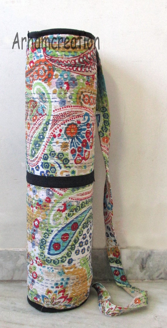 Handmade Kantha Work Yoga Mat Carrier Bag, Multi Floral Kantha