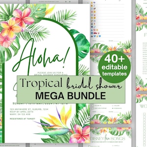 May include: A tropical bridal shower invitation bundle with 40+ editable templates. The invitation features a green, white, and yellow floral design with the text "Aloha!" and "Tropical bridal shower MEGA BUNDLE".