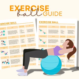Puede incluir: Una guía de ejercicios con pelota de ejercicio con ilustraciones de diferentes ejercicios. La guía incluye áreas objetivo, consejos e instrucciones para cada ejercicio. Se muestra a una mujer haciendo un ejercicio con la pelota.