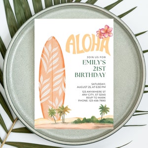 EDITABLE Surfboard Hawaiian Birthday Invitation Template, Aloha ...