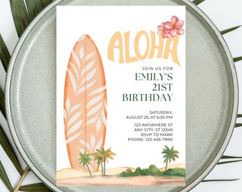 Surfboard Hawaiian Birthday Invitation Template, Aloha Party (Canva Editable, Digital Download)