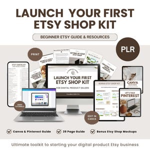 Op de afbeelding: Een digitale productkit voor Etsy-verkopers, met een 39-pagina's tellende gids, Canva-sjablonen, video-tutorials en een checklist. De kit bevat bronnen voor het opzetten van een Etsy-winkel, het maken van digitale producten en het marketen van je winkel. De kit heeft de titel "Launch Your First Etsy Shop Kit" en wordt beschreven als een "Beginner Etsy Guide & Resources".