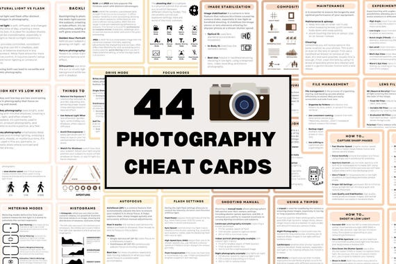 Photography Cheat Cards, 44 Mini Photography Learning Guides, Instant Download, PDf, Exposure, Settings, Photography Tips, Learn How To