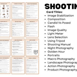 May include: A visual guide to photography techniques, with cards titled "Image Stabilisation", "Composition", "Candid Vs Posed", "Flash", "Image Quality", "Light Meter", "Lens Selection", "Using Tripod", "Shooting Manual", "Night Photography", "Golden Hour", "Portraits", "Macro Photography", "Landscape Photography", "Action Photography", and "Product Photography".