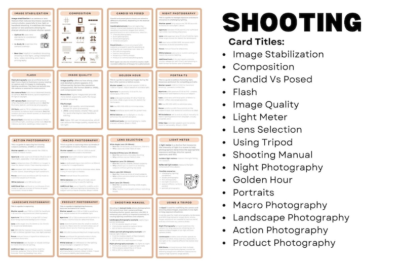 May include: A visual guide to photography techniques, with cards titled "Image Stabilisation", "Composition", "Candid Vs Posed", "Flash", "Image Quality", "Light Meter", "Lens Selection", "Using Tripod", "Shooting Manual", "Night Photography", "Golden Hour", "Portraits", "Macro Photography", "Landscape Photography", "Action Photography", and "Product Photography".