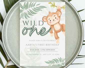 Wild One Birthday Invitation Template, Jungle Monkey (Canva, Digital Download)