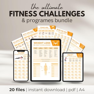 May include: A collection of 20 printable fitness challenge guides, each with a 30-day program. The guides include challenges for weight loss, toned abs, squats, planks, butt and legs, full body shred, and running. The text "20 files | instant download | pdf | A4" is at the bottom of the image.