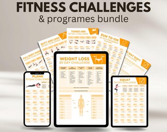 May include: A collection of 20 printable fitness challenge guides, each with a 30-day program. The guides include challenges for weight loss, toned abs, squats, planks, butt and legs, full body shred, and running. The text "20 files | instant download | pdf | A4" is at the bottom of the image.