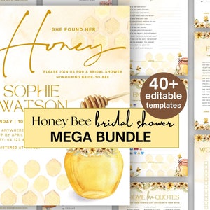 May include: Honey Bee bridal shower printable templates. This digital download includes 40+ editable templates with a watercolor honeycomb and floral design. The text on the invitation reads "She found her Honey" and "Sophie Watson".