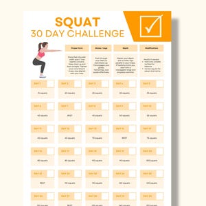 Può includere: Un grafico di sfida di squat stampabile di 30 giorni con un segno di spunta giallo nell'angolo in alto a destra. Il grafico è diviso in 30 giorni, con ogni giorno che elenca il numero di squat da eseguire. Il grafico include anche istruzioni per una forma corretta, profondità e modifiche.