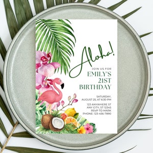 EDITIERBARE Floral Hawaiian Geburtstagseinladung Vorlage, Aloha Hawaiian Themed Party, Canva Druckbare Vorlage Sofortiger Download