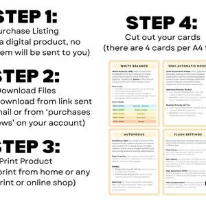 May include: A printable guide with four cards on camera settings, including white balance, semi-automatic modes, autofocus, and flash settings. The guide is designed to be cut out and used as a reference.