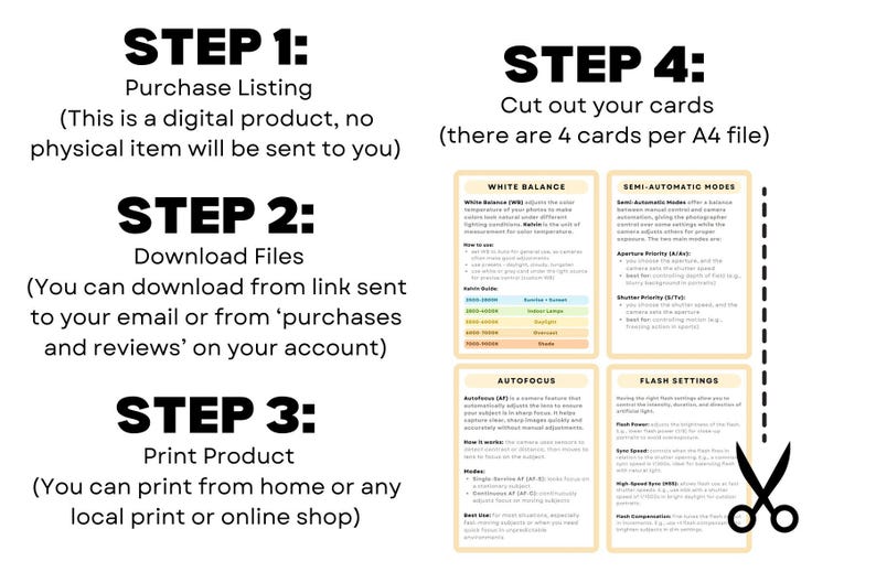May include: A printable guide with four cards on camera settings, including white balance, semi-automatic modes, autofocus, and flash settings. The guide is designed to be cut out and used as a reference.