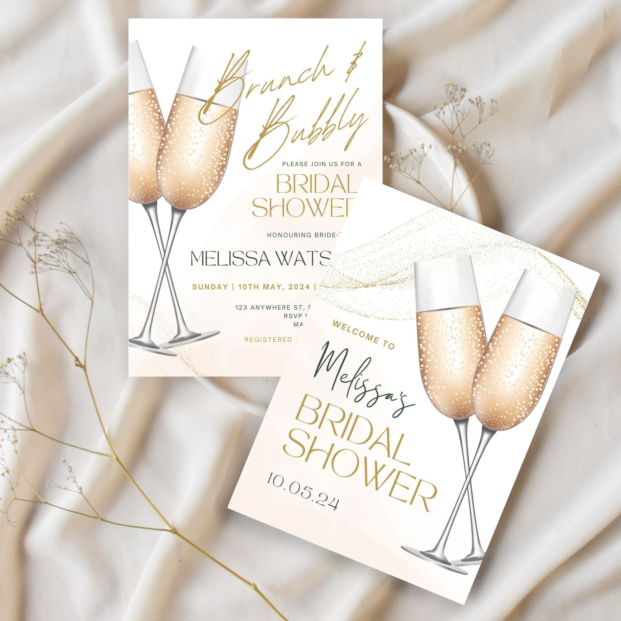 EDITABLE Bridal Shower Invitation and Welcome Sign Bundle Template, Edit in Canva, Gold Champaign Bridal Shower Theme, Editable Templates